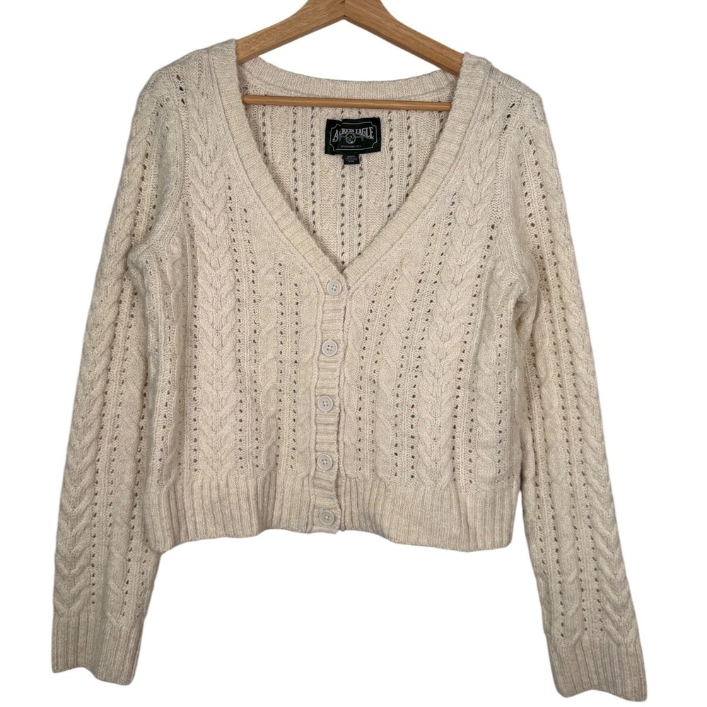 American Eagle Womens Medium Cream Cable Knit Pointelle V-Neck Cardigan Sweater
